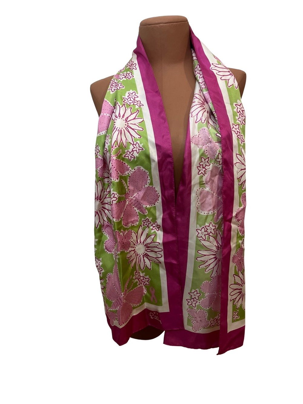 Lilly Pulitzer Ford Pink Green Floral Breast Cancer Awareness Silk Scarf